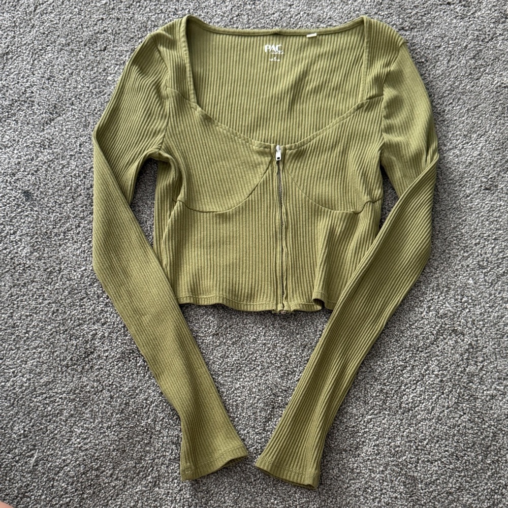 PacSun Olive Ribbed Long Sleeve Crop Top